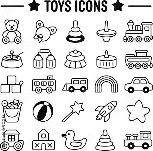 (131)Toys Icon Set – Black and White Vector Illustrations of Teddy Bear, Train, Drum, Rocket, Blocks, and Childhood Fun
