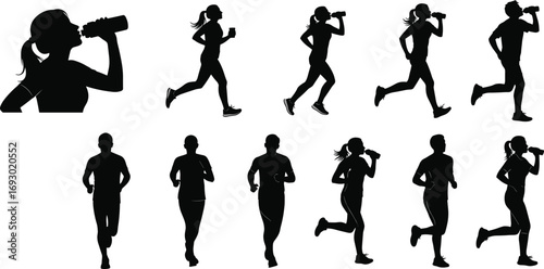 Flat vector illustration of people running and drinking water, fitness activity, jogging exercise, silhouette design for health, workout, sport concept