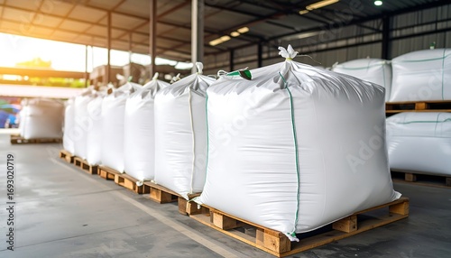 Large white bags stacked on pallets in a warehouse