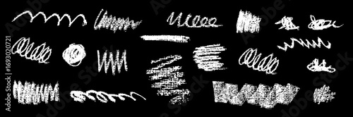 Freehand scrawl collection with white bold dry strokes, thick smears, swirl curls and wave traces. Vector scratchy decorative style evokes pop chalkboard stain textures for playful kindergarten design