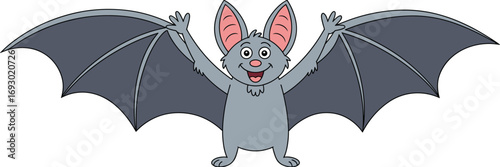 Happy cartoon bat with big ears and wide wingspan, flying mammal character, smiling cute animal, nocturnal wildlife illustration, fun vector art.