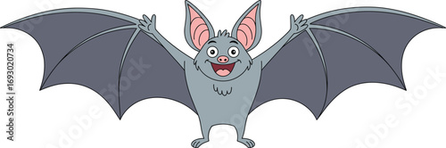 Happy cartoon bat with wide wingspan and big ears, smiling flying mammal, cute nocturnal animal illustration, fun wildlife vector art.