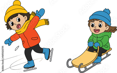 Happy children playing outdoors in winter clothes, boy ice skating falling, girl sledding smiling, cold weather fun activity, joyful kids enjoying snow, winter sports for kids, warm hats