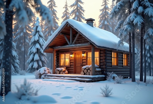 cozy cabin snow covered trees firewood tranquil winter wonderland heartwarming scene nature serenity, landscape, forest, woodland, evergreen, frost, scenery