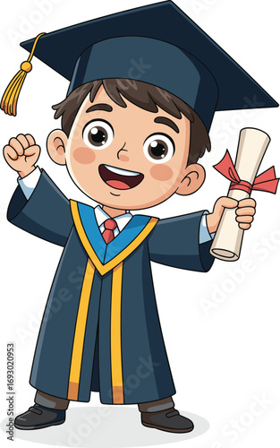 Happy young boy celebrating graduation with cap and gown, holding diploma scroll, smiling kid with academic success, education achievement illustration.