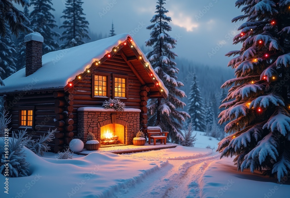 Fototapeta premium Cozy Winter Holidays with Frosty Snowflakes, Warm Fires, Pine Trees, and Festive Lights Celebrating the Joy of the Season