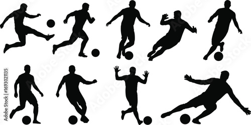 Flat vector illustration of soccer players in action, kicking, dribbling, defending, silhouettes for sports, fitness, football training design concept