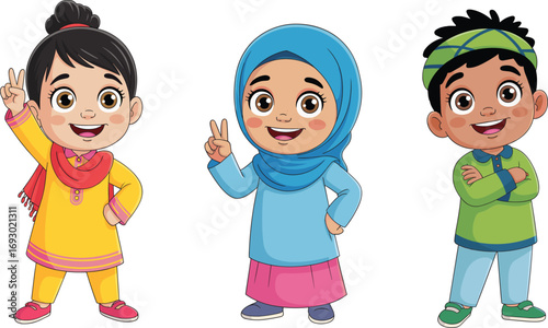Cartoon children in traditional dress, cultural diversity illustration, happy kids smiling, peace sign, ethnic clothes, colorful outfit design, fun expression