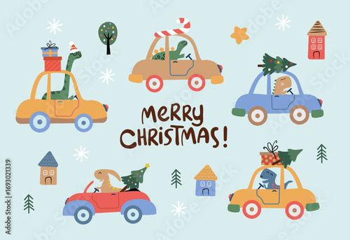Dinosaur Christmas collection. Dino in cars with Christmas elements. 