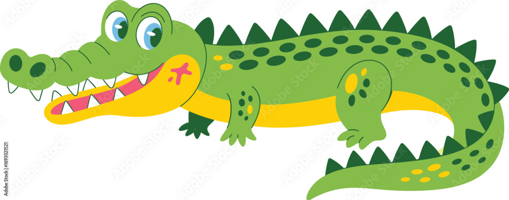 Obraz premium Cute cartoon crocodile, smiling green alligator, animal character, kids illustration, fun reptile art, happy jungle creature, children drawing