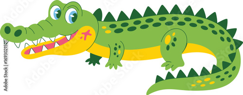 Cute cartoon crocodile, smiling green alligator, animal character, kids illustration, fun reptile art, happy jungle creature, children drawing