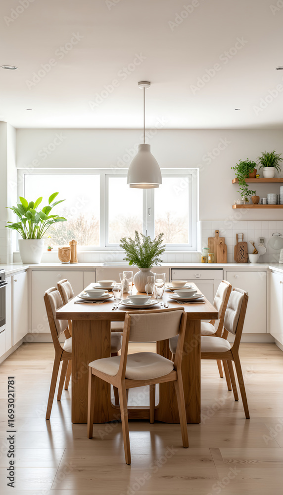 Fototapeta premium Modern kitchen dining area with wooden table and green plants 