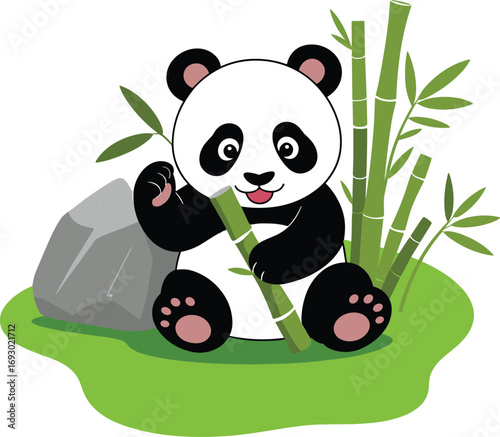 Cute panda sitting happily with bamboo stalks, green grass background, playful animal, nature, wildlife, adorable baby panda eating bamboo shoots.