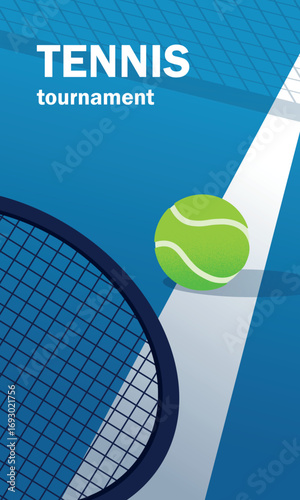 Poster flat style tennis racket, ball, lawn tennis competition, blue background. Summer tennis tournament banner, racket sports training, sports school design, tennis club, activity