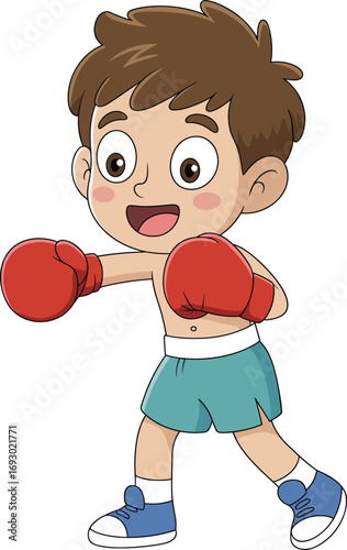 Energetic young boy boxing with red gloves, playful kid boxer training, cartoon character in blue shorts and sneakers, sports and fitness illustration.