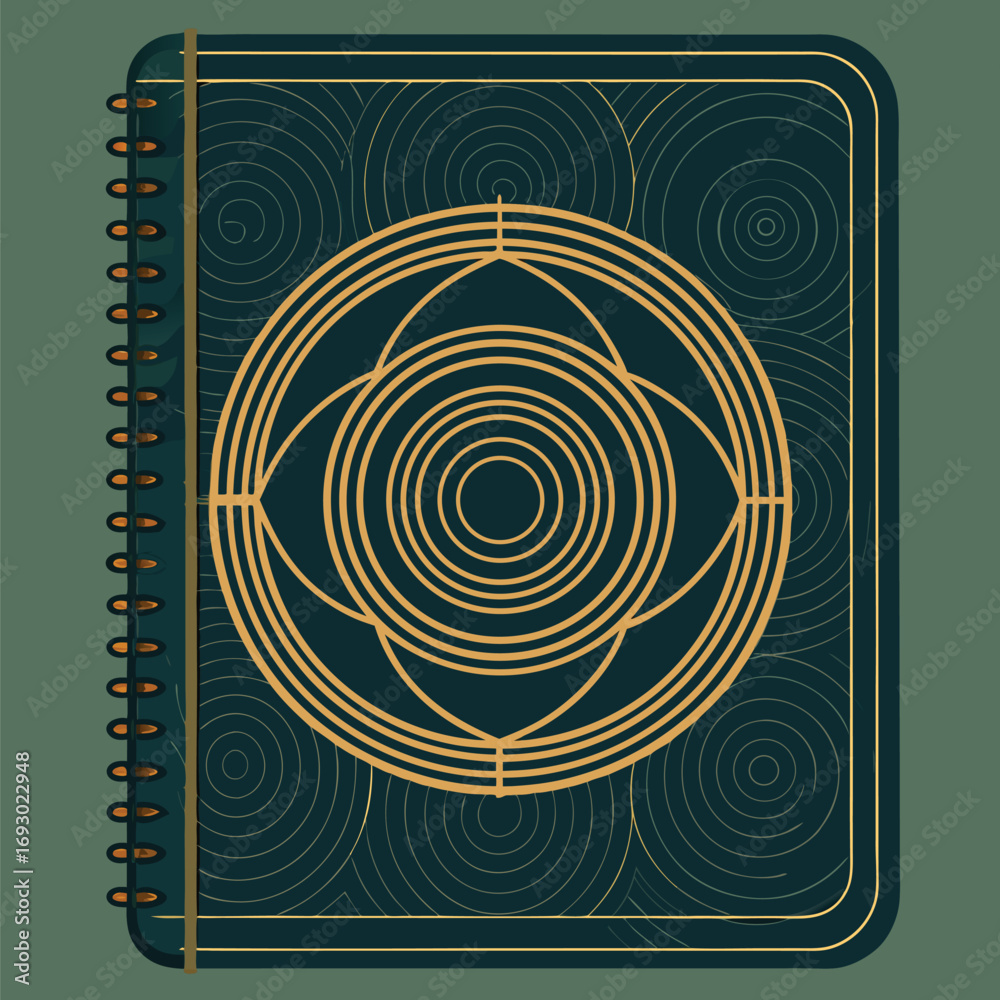 Fototapeta premium Elegant teal notebook illustration with geometric gold design and spiral binding perfect for stationery projects and creatives.