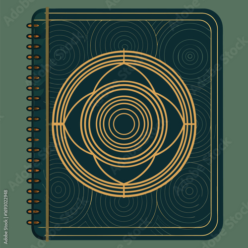 Elegant teal notebook illustration with geometric gold design and spiral binding perfect for stationery projects and creatives.