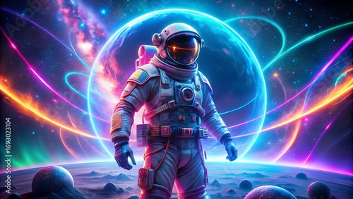 Wallpaper Mural Astronaut explores vibrant cosmic nebula with glowing planets and futuristic energy trails Torontodigital.ca