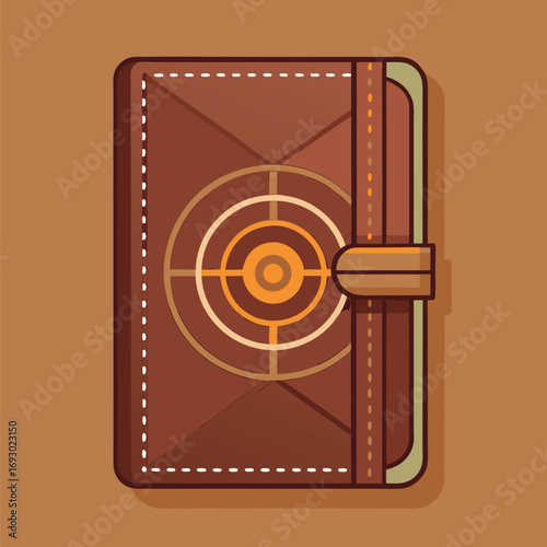 Illustrated brown leather journal with a target symbol, decorative stitching and a strap closure over a brown background