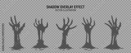 Set of Halloween scary zombie hands. Collection of transparent shadows of zombie hands with ground for Halloween decoration. Vector scary monster hands isolated on checkered background.