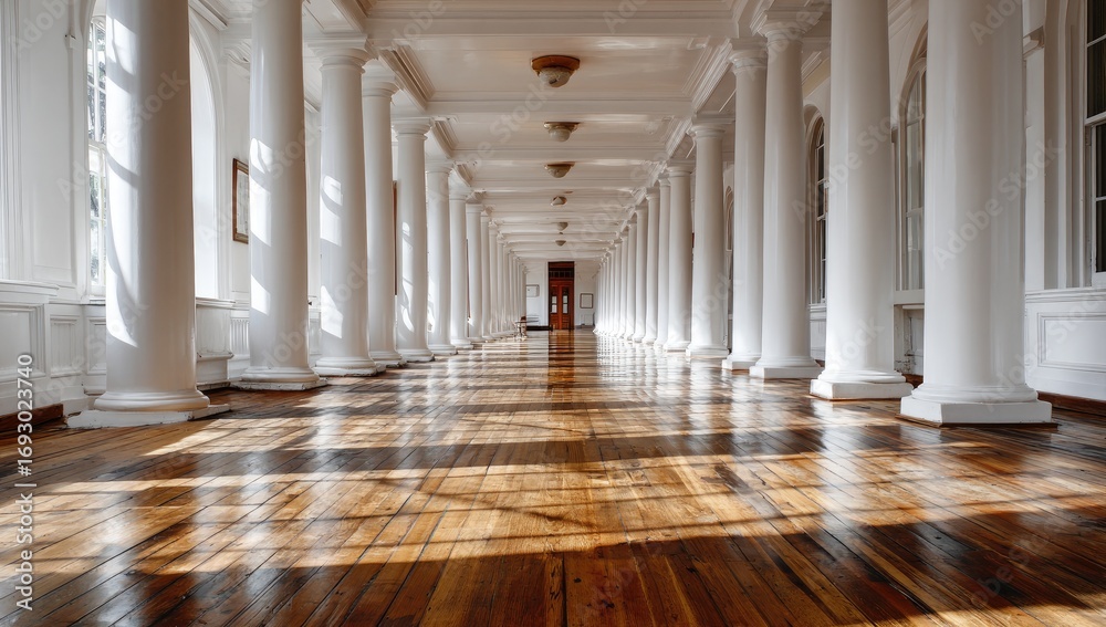 Naklejka premium Sunlit colonnade hallway with polished wooden floor
