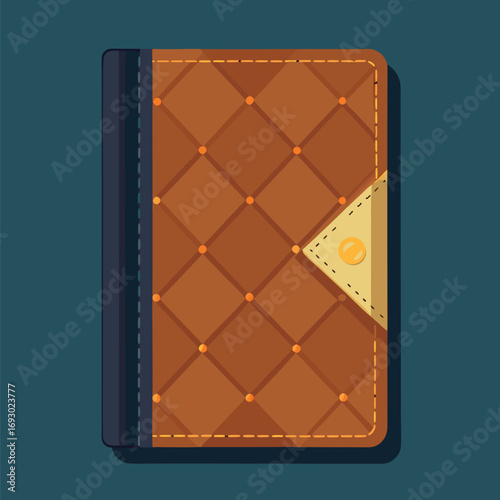 Vector illustration of a brown leather book with a button clasp, quilted pattern, and dark blue spine on a teal background.