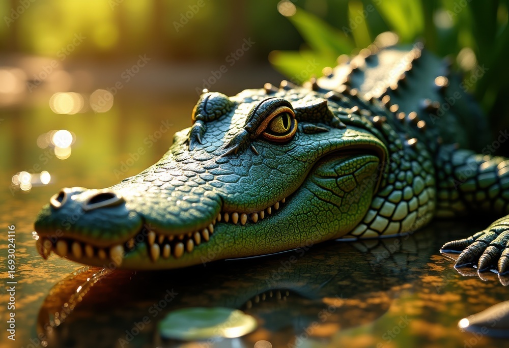 Fototapeta premium glistening crocodile scales sunlit texture nature detail close wildlife, sunlight, animal, skin, reflection, shine, pattern, contrast, beauty, elegance
