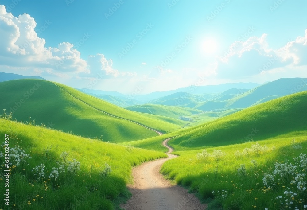 Obraz premium Lush Green Hills Winding Path Nature Scenic Landscape Tranquility Rolling Terrain Serene Outdoors Blissful Escape