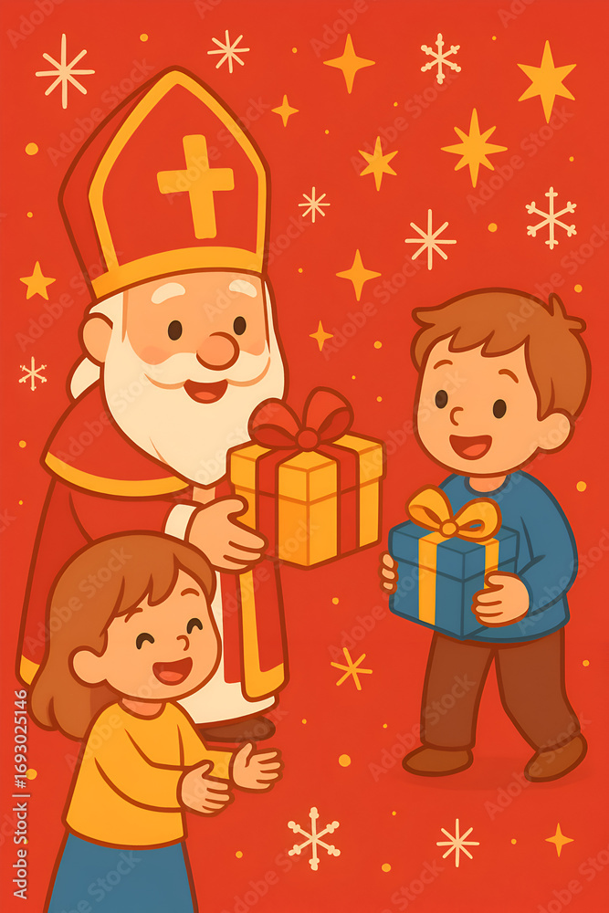 Fototapeta premium Illustration of Saint Nicholas giving gifts to children