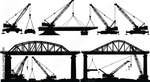 Bridge construction scene, crane lifting operations, heavy machinery silhouettes, civil engineering project, industrial equipment, infrastructure development, transportation support system