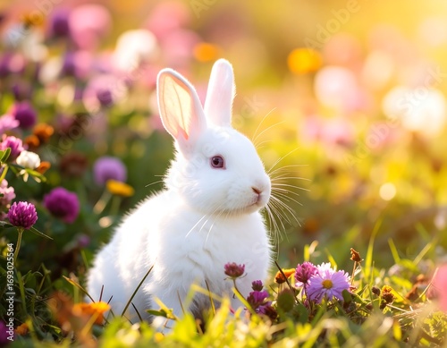 White rabbit in a field of colorful flowers, bathed in sunlight