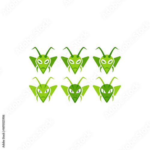 6 different praying mantis mascot style insect head
