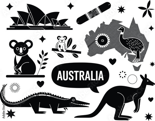 (166)Australia Culture Icon Collage – Black and White Vector Illustrations of Kangaroo, Koala, Opera House, and Emu Map
