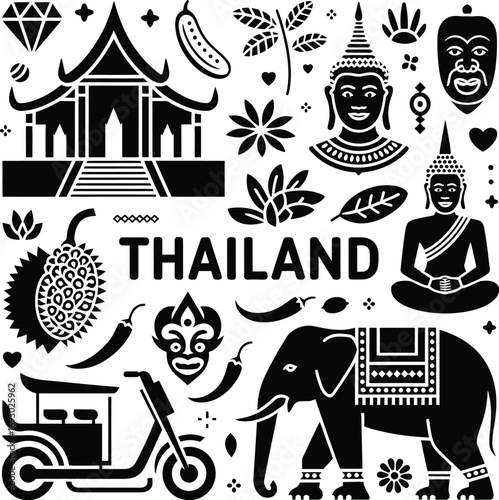 (167)Thailand Culture Icon Collage – Black and White Vector Illustrations of Buddha, Temple, Elephant, Durian, and Tropical Decor
