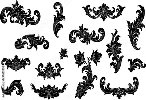 Set of black and white flower vector siluette ornaments, black and white gand drawing floral vector set
