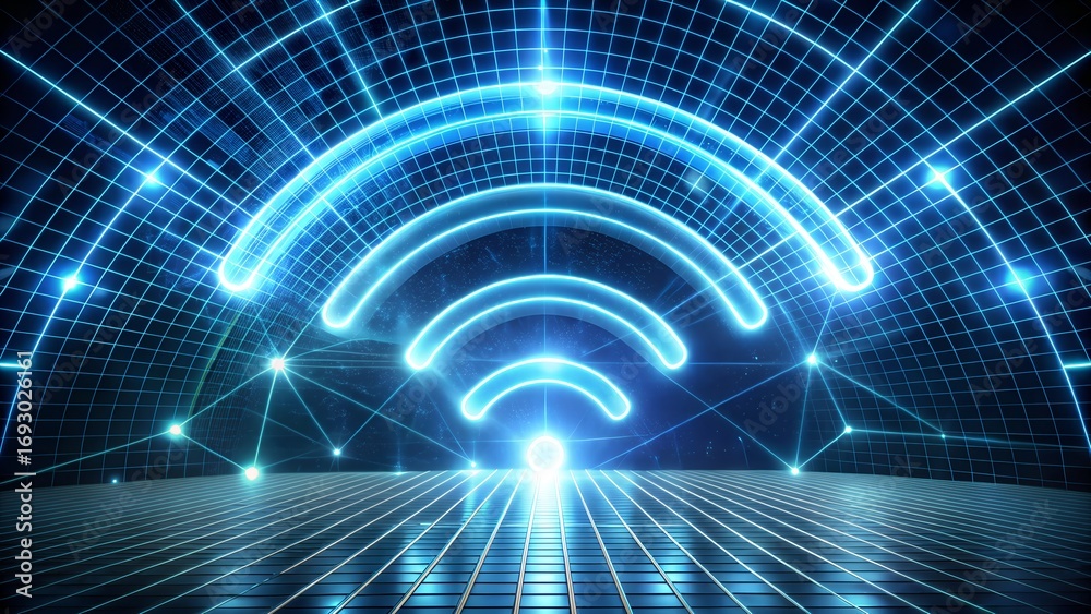 Fototapeta premium Dynamic digital network pulses with glowing Wi-Fi signal, representing global connectivity and innovation