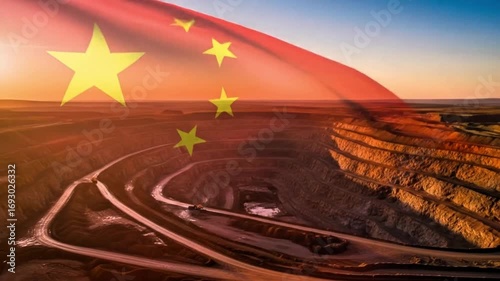 video, illustration, gold or coal mining with the China flag in the sky, background, industry,