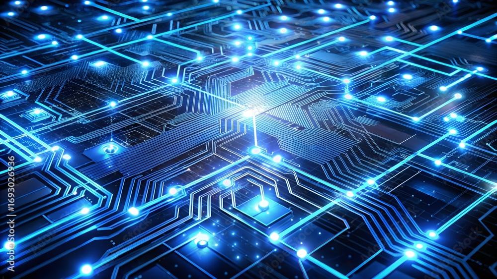 Fototapeta premium Dynamic glowing blue circuit board pathways pulsate with digital energy, representing innovation and connectivity