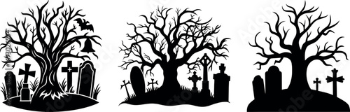 Spooky Halloween graveyard silhouette vector illustration set