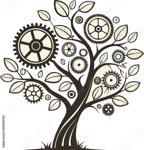 Intricate mechanical tree of gears and cogs symbolizing innovation and industry