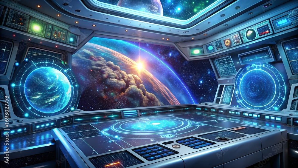Obraz premium Advanced spaceship bridge commands stunning cosmic vista, futuristic technology awaits exploration