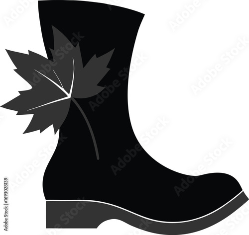 Black silhouette of a boot with a maple leaf design on a white background isolated on white background isolated on transparent background