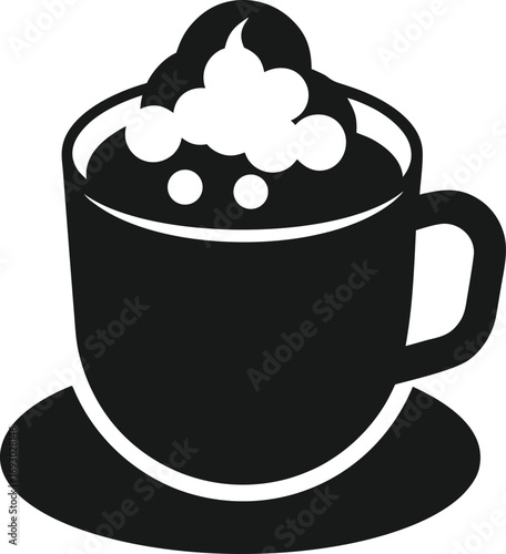 A simple black silhouette of a coffee cup with whipped cream and foam on a saucer isolated on white background isolated on transparent background