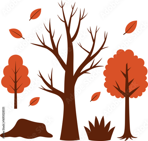 Autumn trees and fallen leaves in silhouette isolated on white background isolated on transparent background