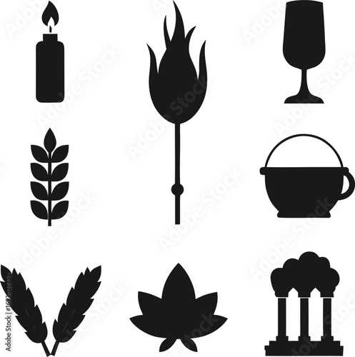 Collection of black silhouettes representing various symbols including candle wheat goblet torch pot and beer mug isolated on white background isolated on transparent background