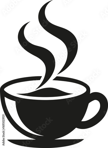 Black silhouette of a steaming coffee cup with a handle and saucer isolated on white background isolated on transparent background