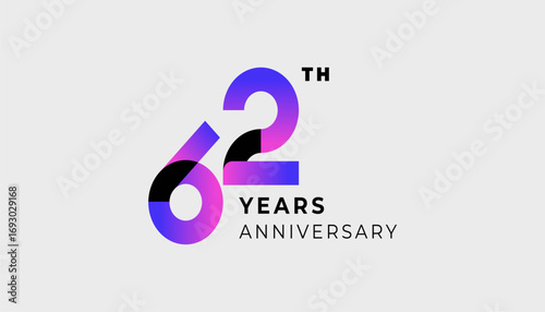 Futuristic Year Anniversary Gradient Purple Colour 62th, 62th Happy Anniversary with Simplicity, Geometric and Modern.