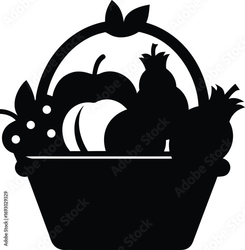 Silhouette of a basket overflowing with various fruits and leaves isolated on white background isolated on transparent background