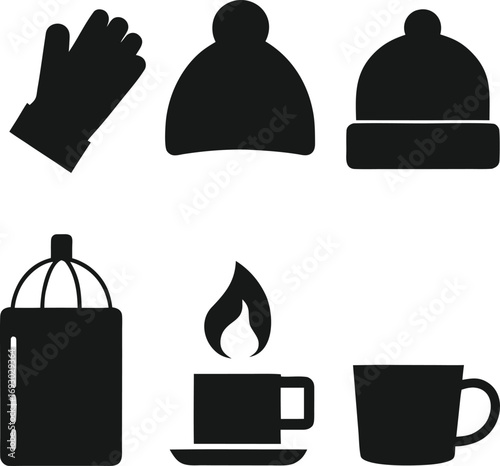 Collection of winter clothing and hot beverage icons in silhouette style isolated on white background isolated on transparent background