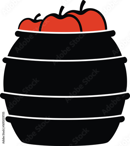 Stylized illustration of a black pot filled with three red apples isolated on white background isolated on transparent background silhouette
